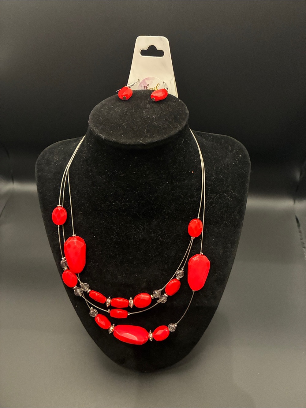 Layered Red Bead Statement Necklace and Stud Earrings - Women Jewelry